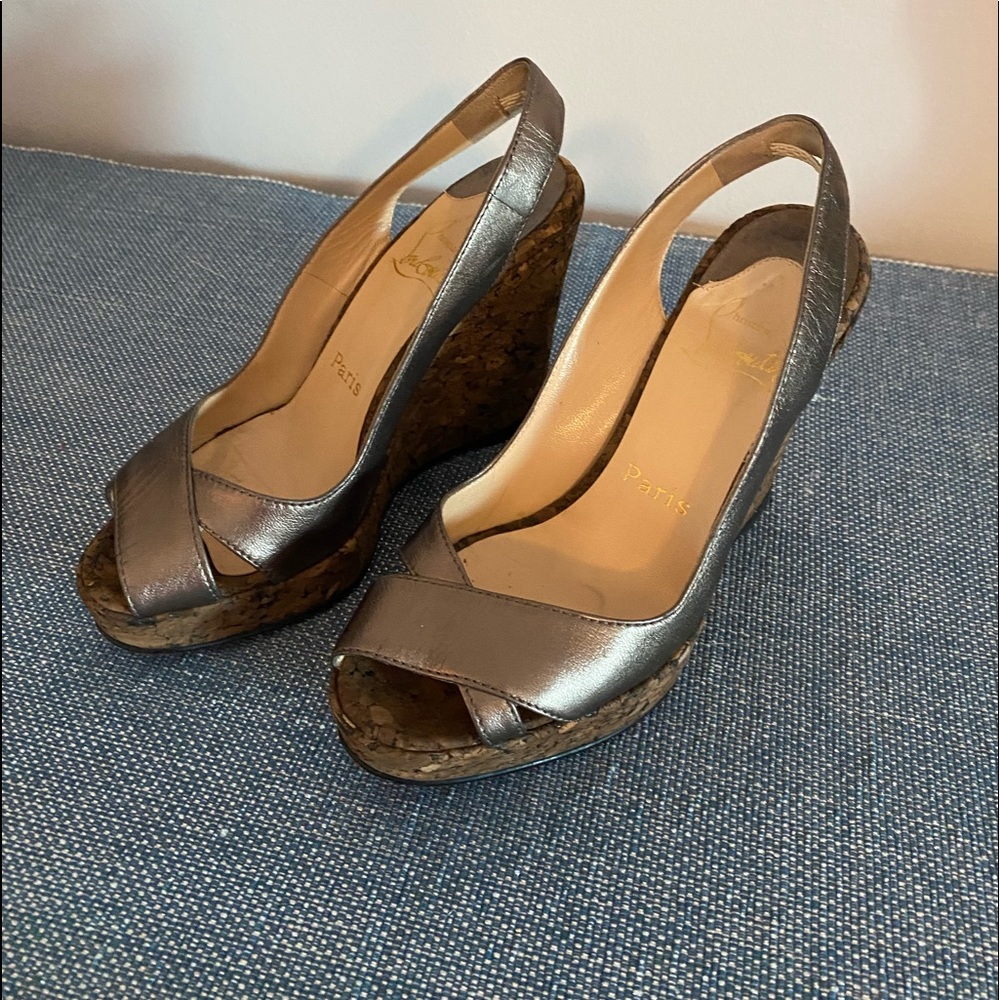 Louboutin 36 Platform Wedge Gunmetal Sandal